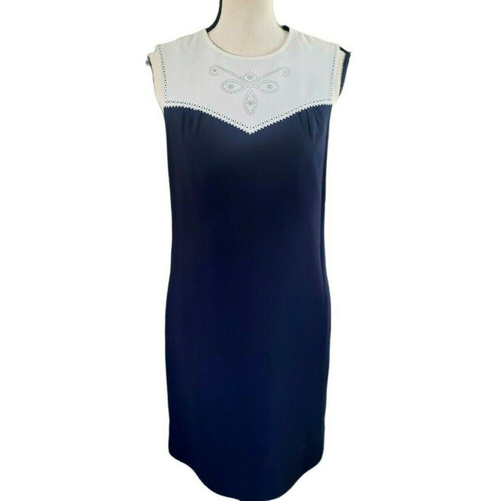Hobbs London Navy Blue Pencil Dress With Cream Sweetheart Yoke Sleeveless US 4
